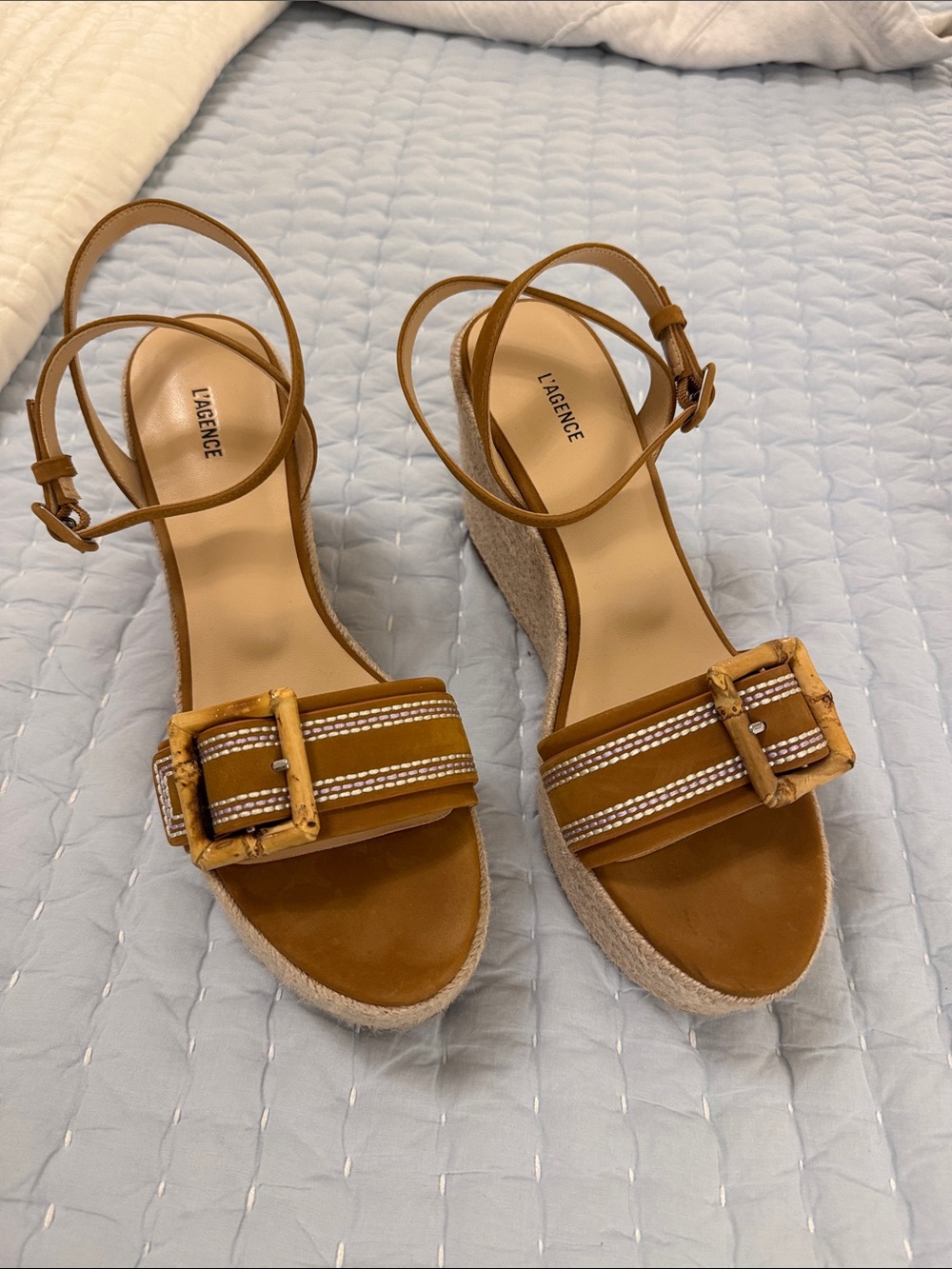 L'AGENCE Brown Tan Espadrille Wedge Sandals with Bamboo Buckle Strap